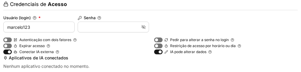 Cadastro do usuário com os interruptores Conectar IA externa e IA pode alterar dados