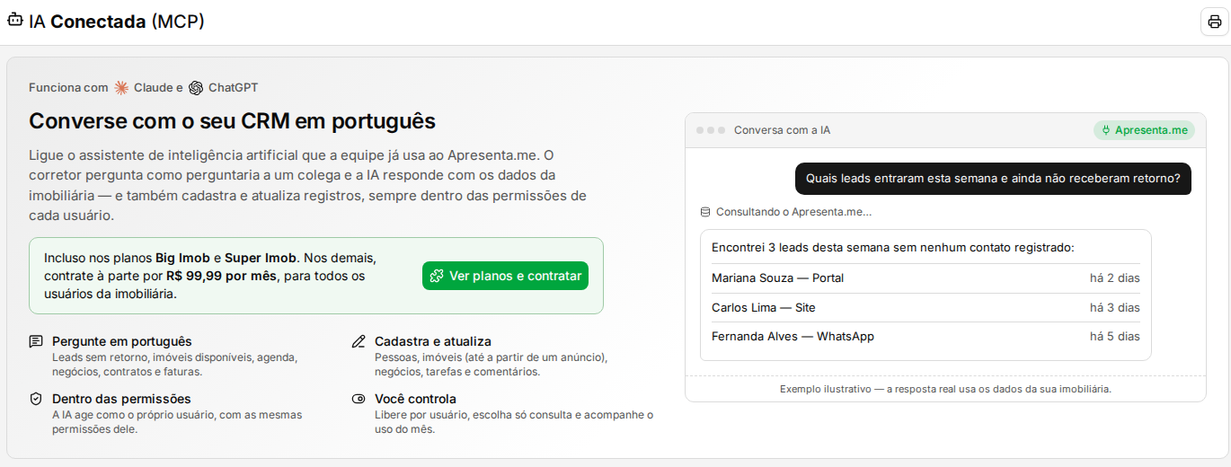Tela IA Conectada de uma imobiliária sem o módulo, com o convite Ver planos e contratar