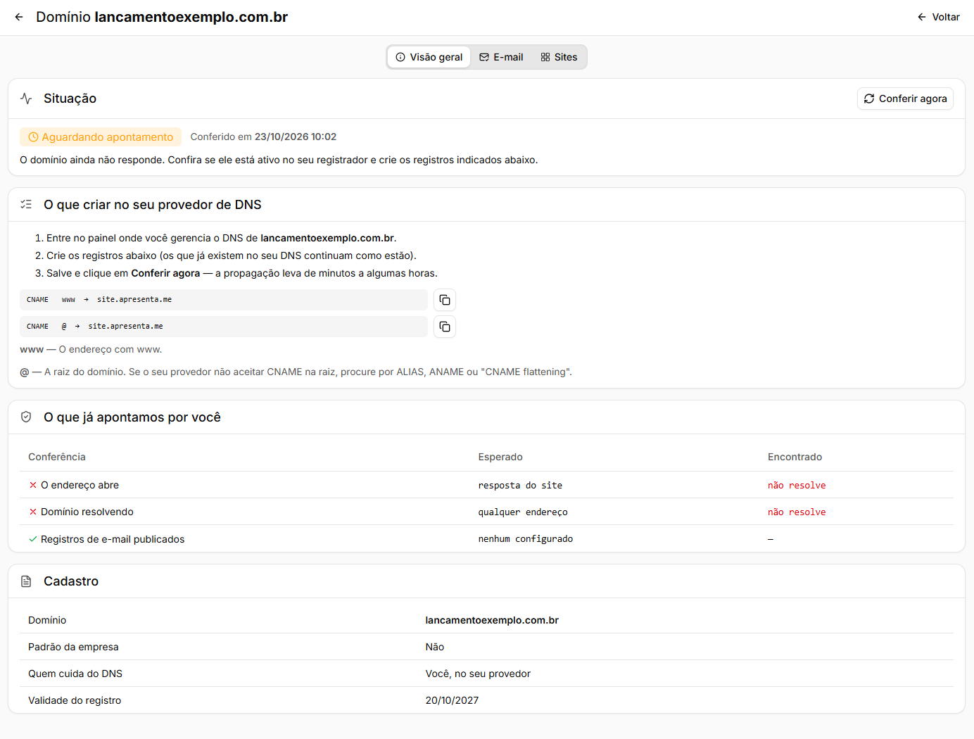 Tela do domínio com os registros que devem ser criados no provedor de DNS e a conferência