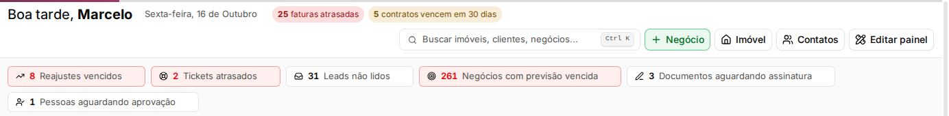 Tela inicial com o campo de busca no topo, à direita da saudação