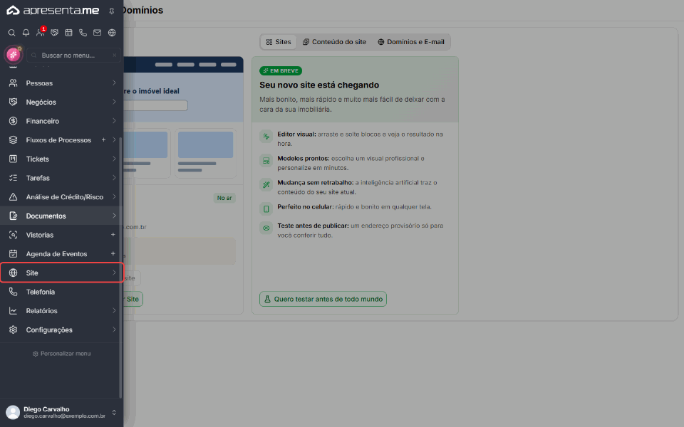 Caminho no menu: Site, Sites, botão Editar Site do cartão Site atual e aba Principal das configurações