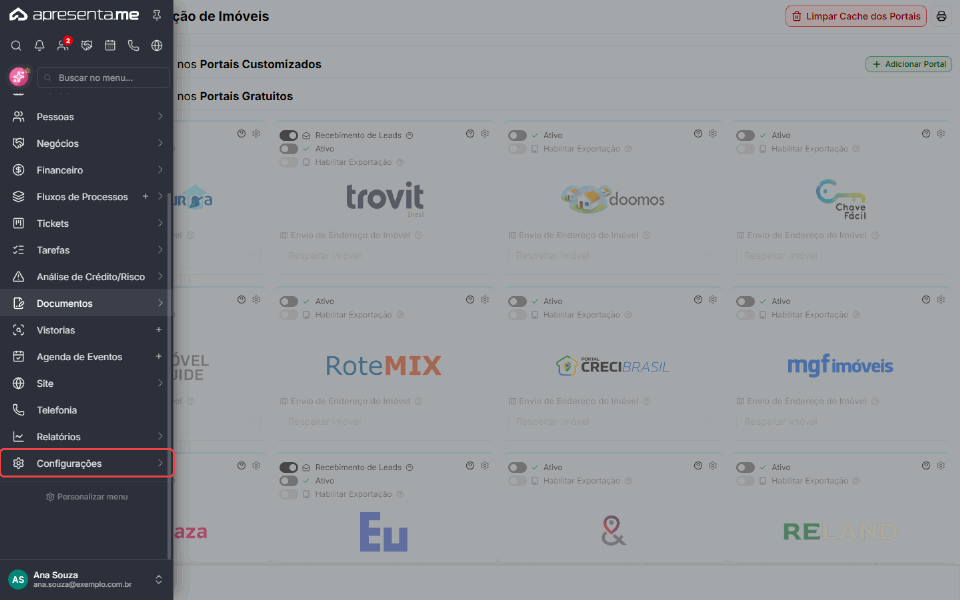 Caminho no menu: Configurações, Integrações e Exportação, até a tela Exportação de Imóveis com os cartões dos portais