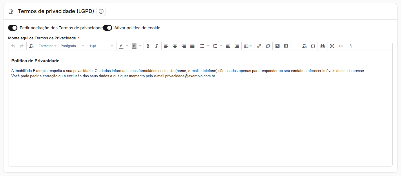 Quadro Termos de privacidade (LGPD) com os dois interruptores ligados e o editor dos termos preenchido