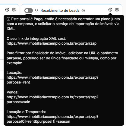 Quadro aberto pelo ícone de interrogação do cartão do Zap, com o link de integração XML e as variações por finalidade