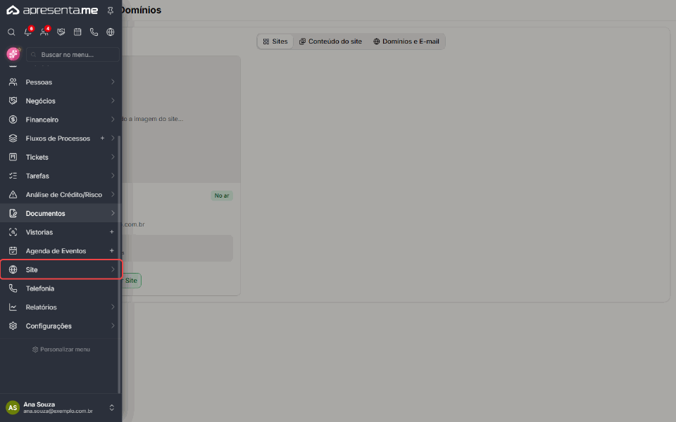 Caminho no menu: Site, Sites, Editar Site no cartão do site antigo e aba Configurações dentro das configurações do site antigo