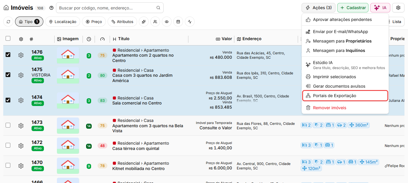 Listagem de Imóveis com imóveis marcados e o menu Ações aberto na opção Portais de Exportação