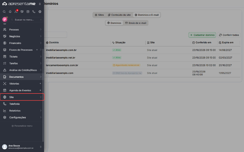 Caminho Menu, Site, Domínios até a aba Envio de e-mail