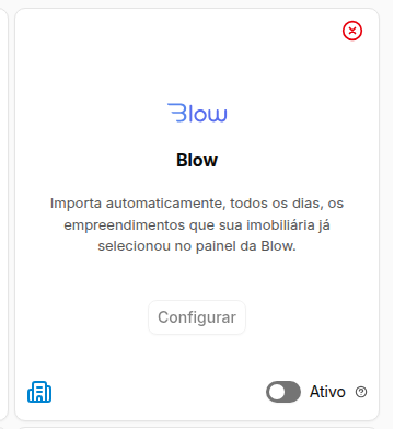 Cartão da Blow na tela de Integrações, com o botão Configurar e a chave Ativo