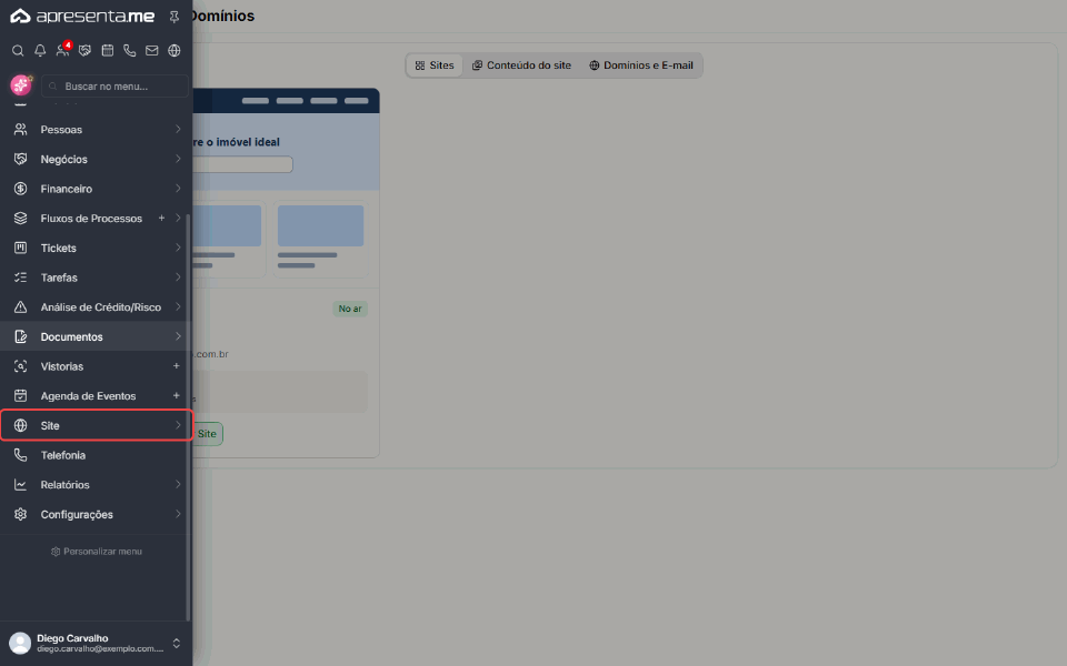 Caminho no menu: Site, Sites, botão Editar Site do cartão Site atual e aba Formulários das configurações