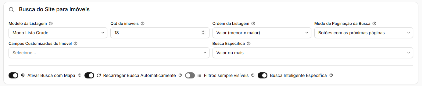 Quadro Busca do Site para Imóveis com o modelo, a quantidade, a ordem e a paginação da listagem, a busca específica e os interruptores