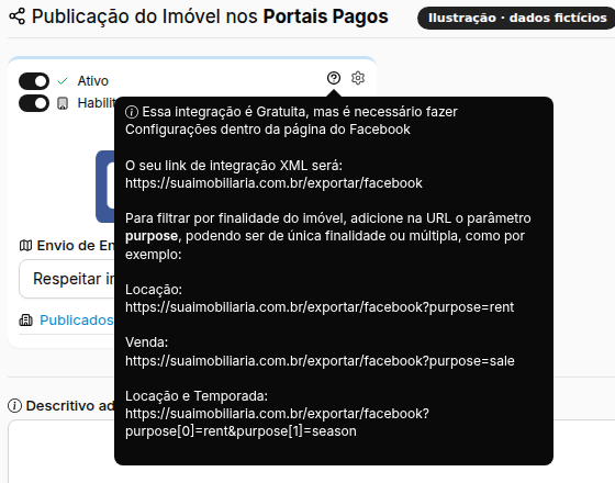Ilustração com dados fictícios: caixa do ícone de interrogação com o link do XML