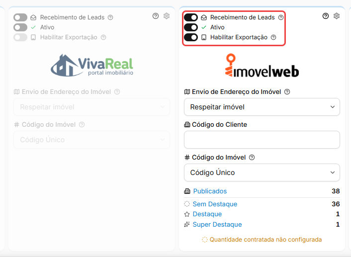 Cartão do portal Imovelweb com Recebimento de Leads, Ativo e Habilitar Exportação ligados, o campo Código do Cliente e o total de Publicados