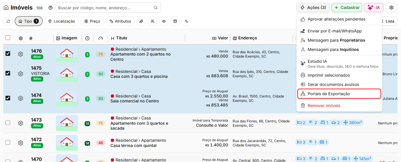 Listagem de Imóveis com imóveis marcados e o menu Ações aberto na opção Portais de Exportação