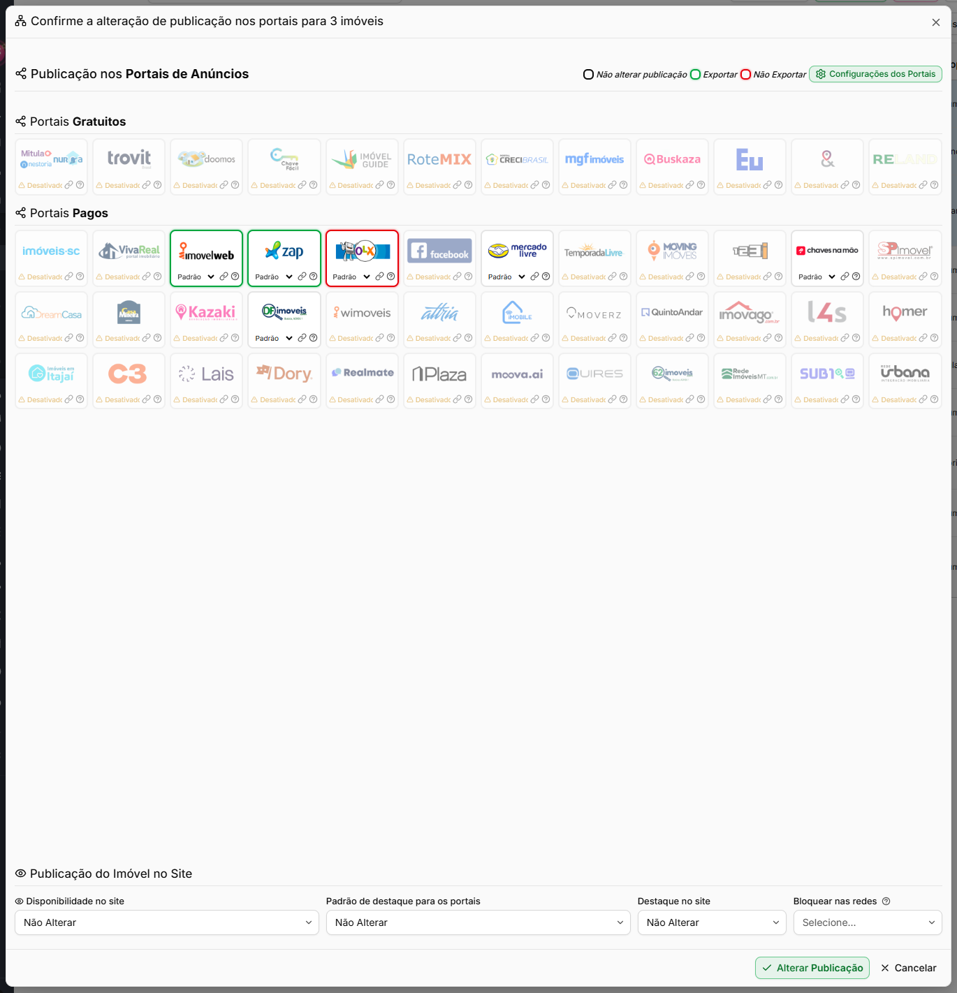 Janela de alteração de publicação nos portais com uma caixa de portal marcada para Exportar e outra para Não Exportar