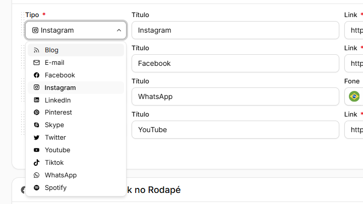 Lista do campo Tipo aberta com as redes disponíveis