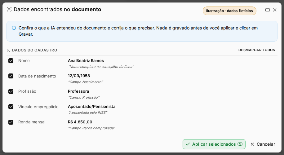 Janela Dados encontrados no documento com o vínculo empregatício preenchido como Aposentado/Pensionista