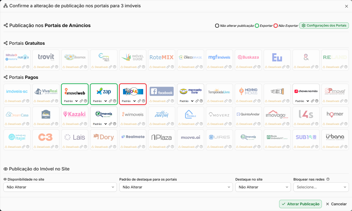 Janela de alteração de publicação nos portais com uma caixa de portal marcada para Exportar e outra para Não Exportar