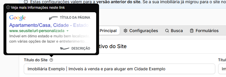 Dica do campo Título do Site aberta, com o exemplo de título e descrição num resultado do Google
