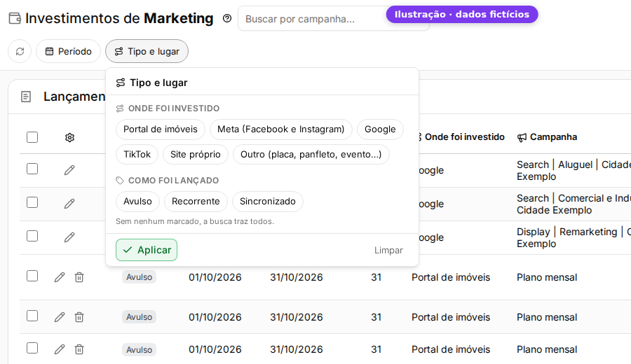 Filtro Tipo e lugar da lista de investimentos