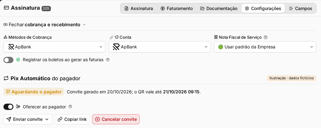 Bloco do Pix Automático na aba Configurações da assinatura, com convite pendente (ilustração, dados fictícios)