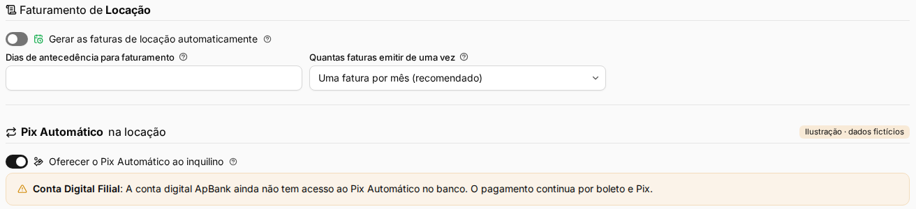 Padrão do Pix Automático na aba Financeiro da empresa, com aviso de conta digital sem acesso (ilustração, dados fictícios)