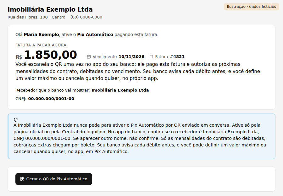 Página que o pagador abre pelo convite do Pix Automático (ilustração, dados fictícios)