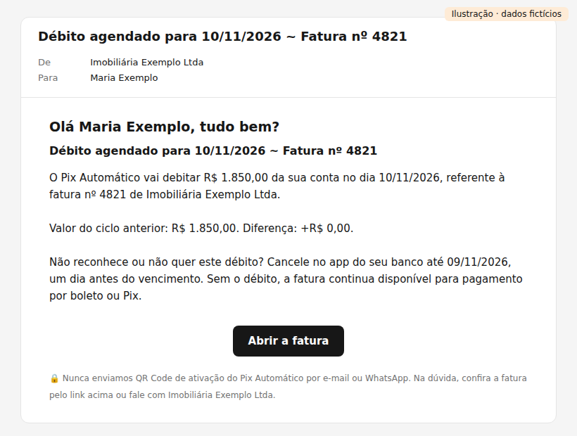 E-mail de débito agendado que o pagador recebe (ilustração, dados fictícios)
