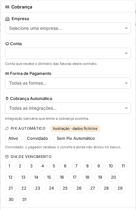 Seção Pix Automático no filtro Cobrança dos contratos (ilustração, dados fictícios)