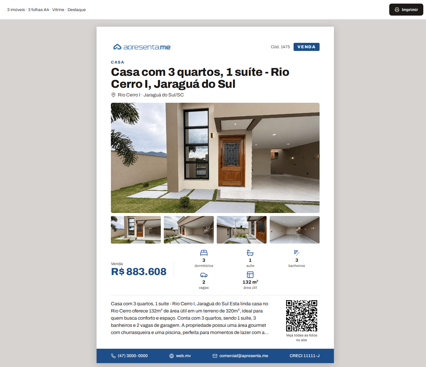 Folha A4 no modelo Vitrine · Destaque com foto, valor, ícones, descrição, QR e rodapé