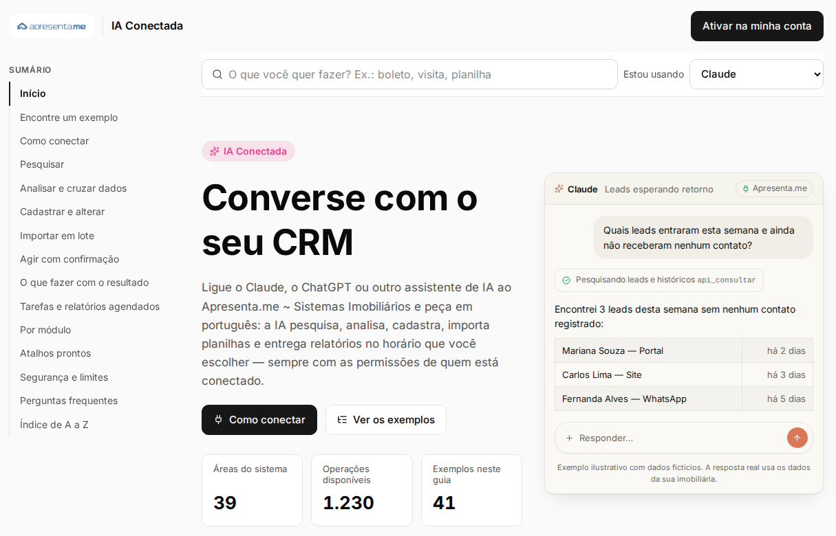 Topo do guia Converse com o seu CRM, com sumário, busca e exemplo de conversa