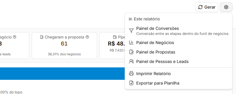 Menu Opções aberto com os atalhos Painel de Conversões, Painel de Negócios, Painel de Propostas e Painel de Pessoas e Leads, e as opções de imprimir e exportar