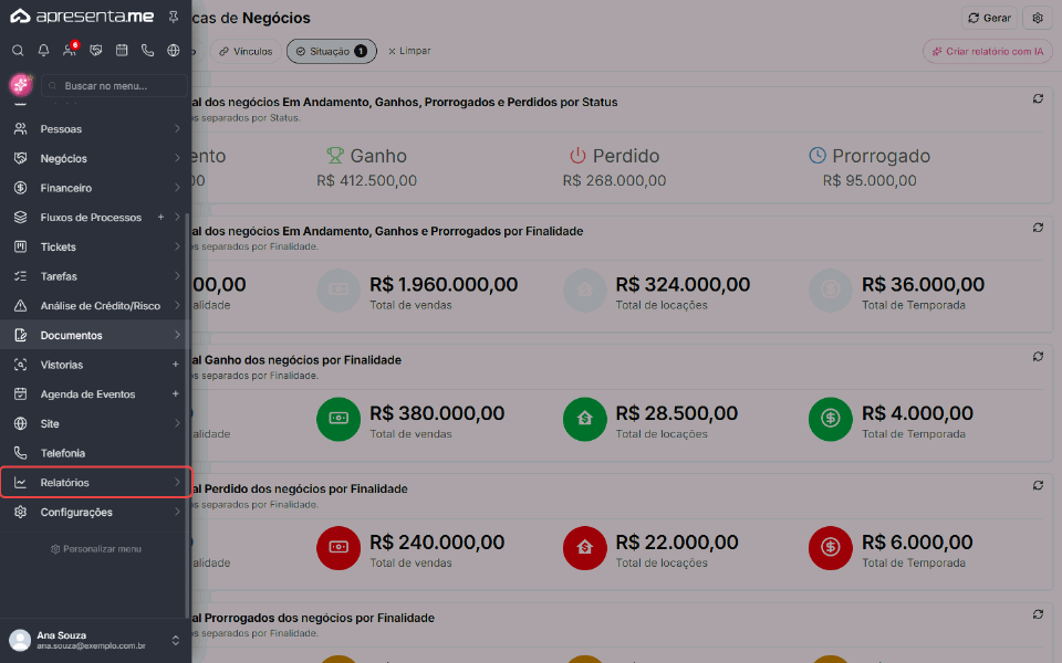 Caminho no menu: Relatórios, Comercial e Marketing, Painel de Negócios