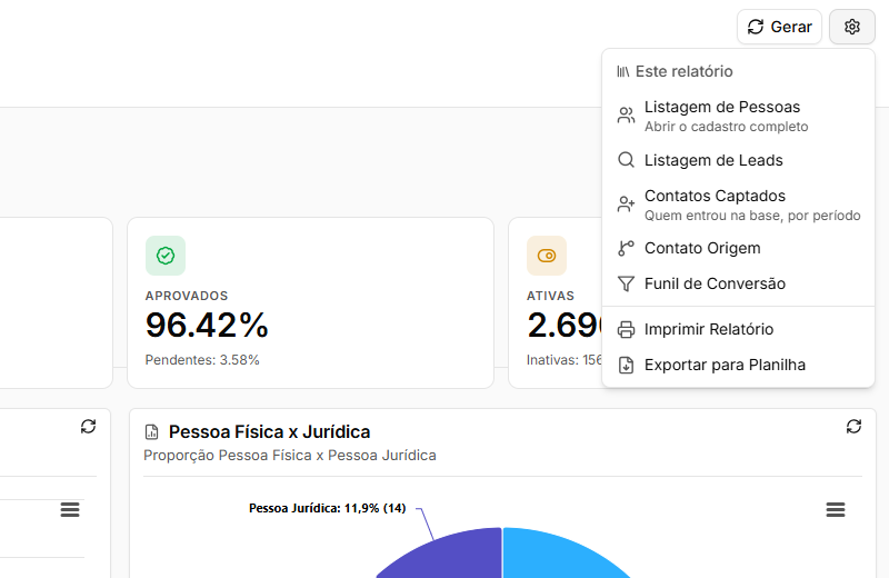 Menu Opções aberto com as listagens, outros relatórios, Imprimir Relatório e Exportar para Planilha