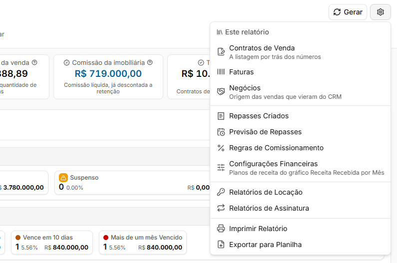Menu Opções aberto com os atalhos do relatório e as opções Imprimir Relatório e Exportar para Planilha