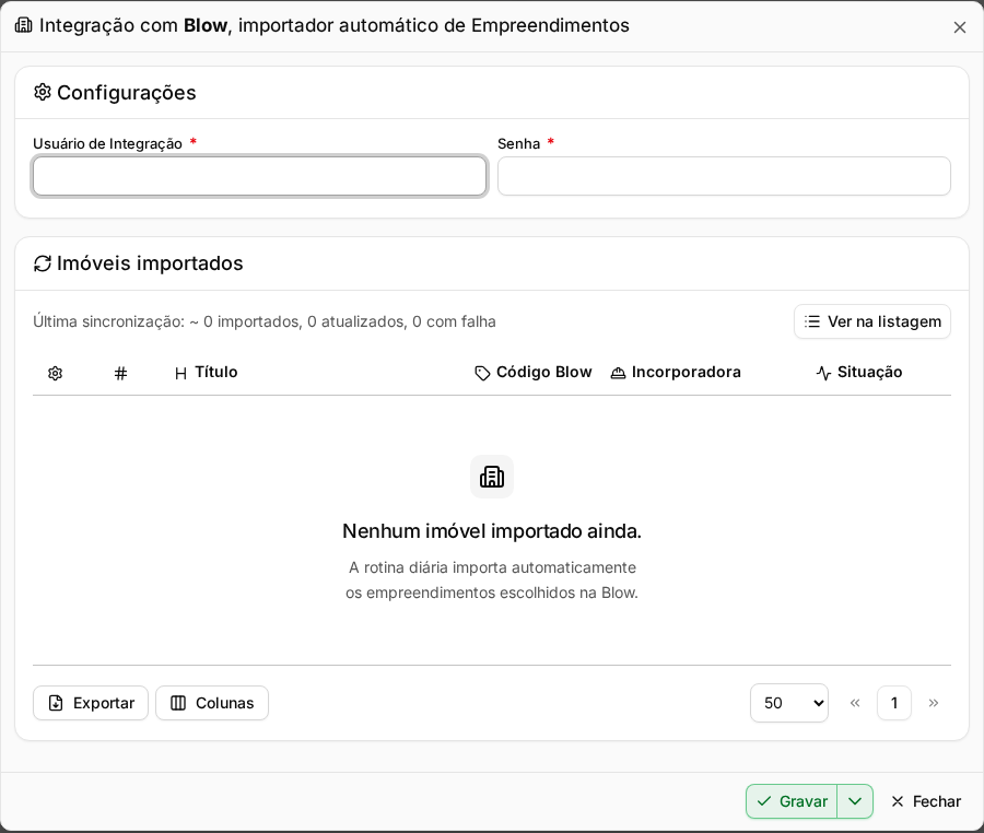 Janela da integração com a Blow, com a lista de imóveis importados e o botão Ver na listagem