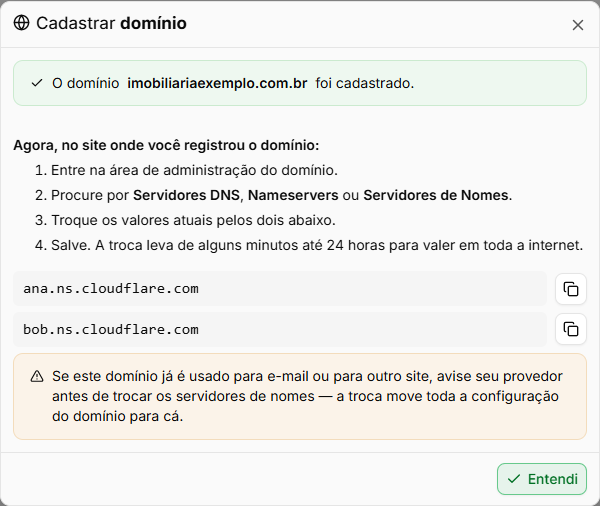 Janela depois do cadastro com os dois servidores de nomes para levar ao registrador