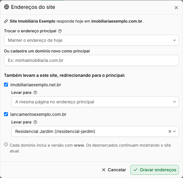 Janela Endereços do site com o endereço principal e os domínios que redirecionam para ele
