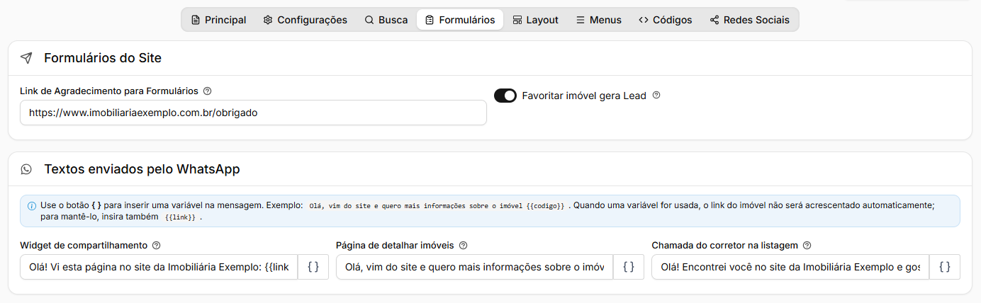Aba Formulários com os quadros Formulários do Site e Textos enviados pelo WhatsApp