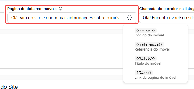 Botão de chaves do campo Página de detalhar imóveis aberto com as variáveis código, referência, título e link