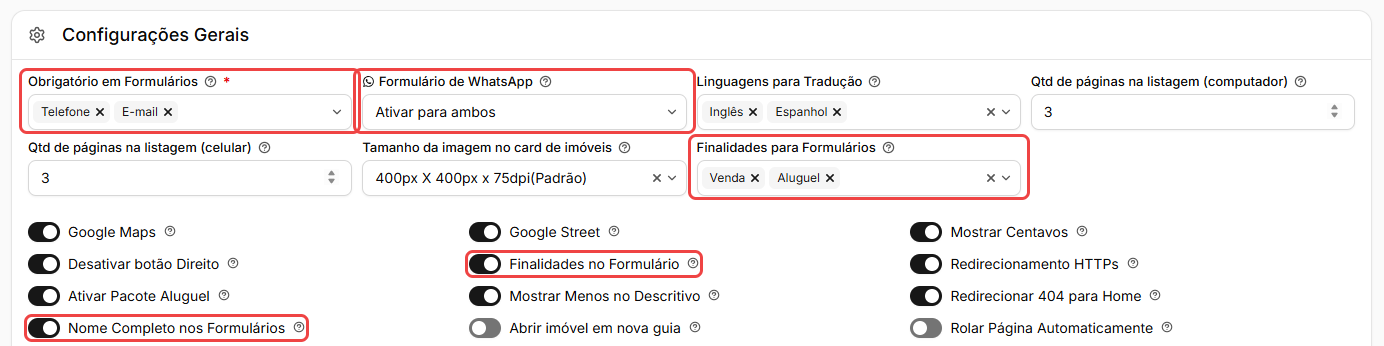 Aba Configurações com os campos Obrigatório em Formulários, Formulário de WhatsApp, Finalidades para Formulários, Finalidades no Formulário e Nome Completo nos Formulários em destaque