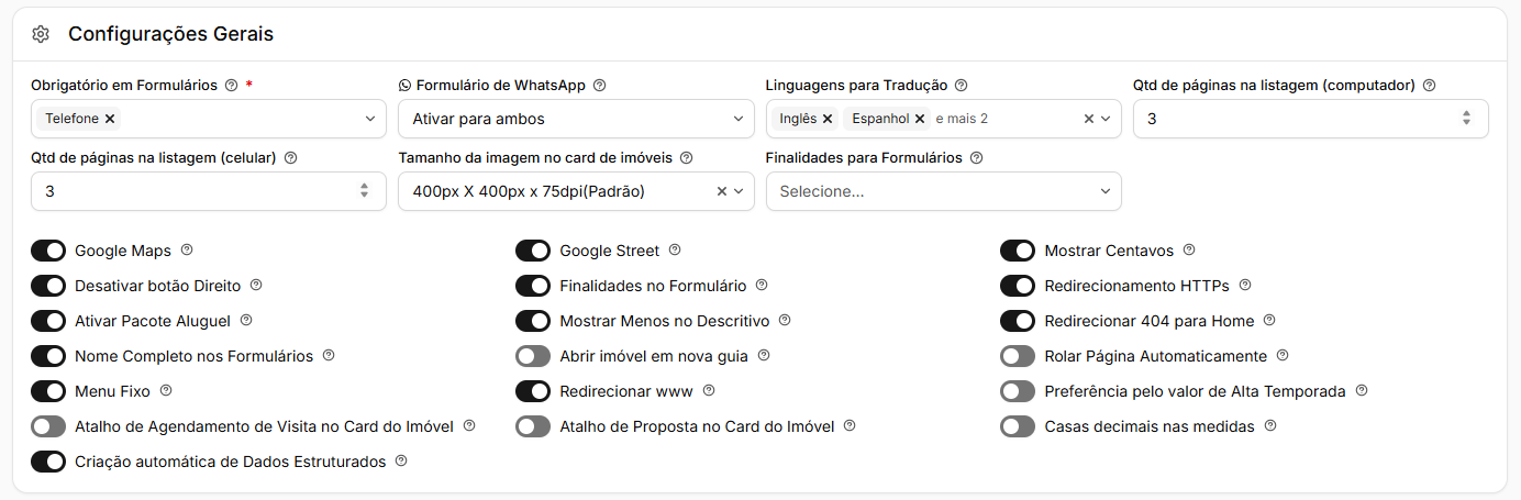 Quadro Configurações Gerais com os campos dos formulários, da tradução, das páginas da listagem e do tamanho da imagem, e a grade de interruptores