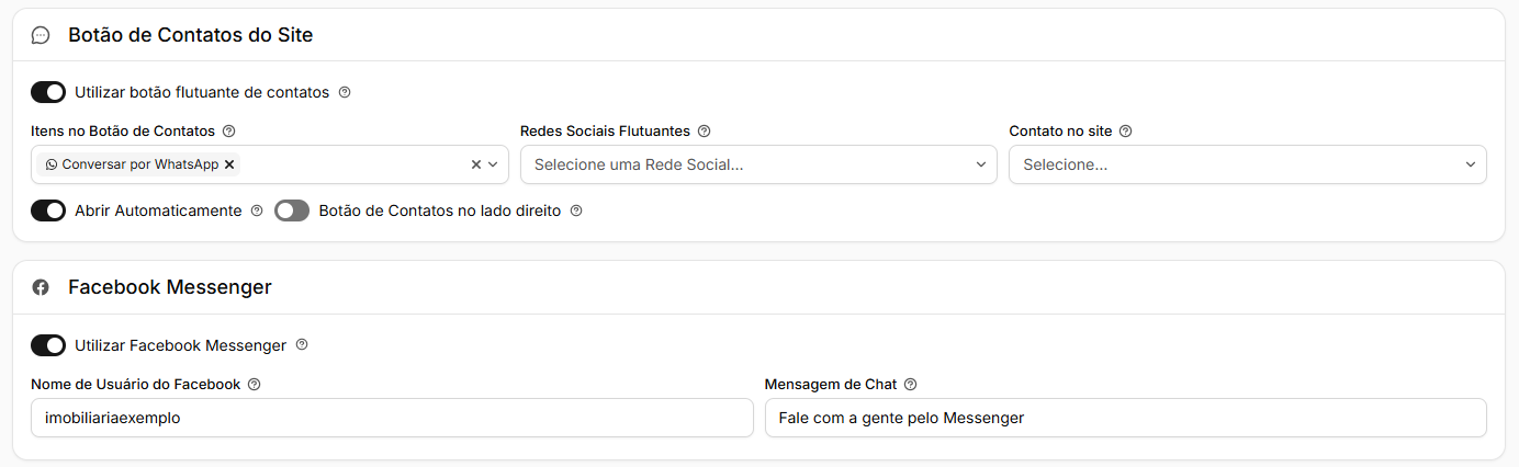 Quadros Botão de Contatos do Site, com os itens, as redes sociais e o contato no site, e Facebook Messenger, com o nome de usuário e a mensagem de chat