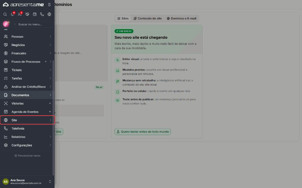 Caminho no menu: Site, Sites, Editar Site no cartão do site antigo e aba Configurações dentro das configurações do site antigo
