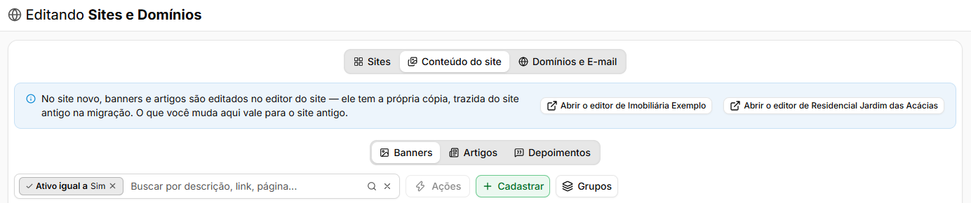 Aba Conteúdo do site com o aviso sobre o site novo, os botões para abrir o editor e as abas Banners, Artigos e Depoimentos